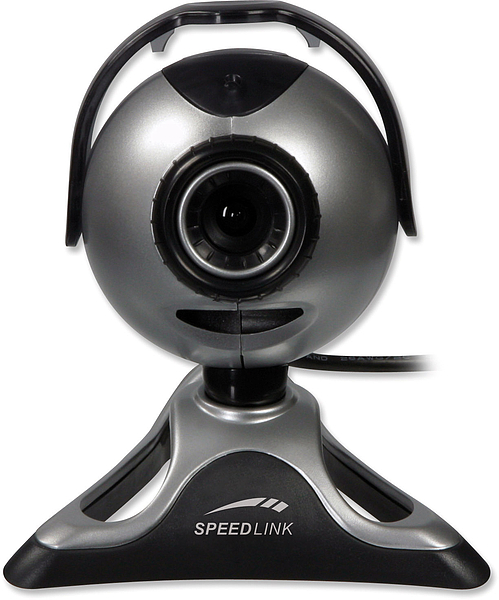 Vorderansicht einer silbernen Speedlink Webcam mit Ständer, ideal für Computer-Videoanrufe