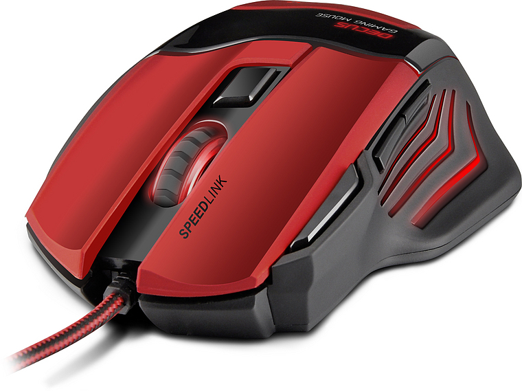 Rote und schwarze SPEEDLINK Gaming Maus mit ergonomischer Form und USB-Kabel, seitliche Tasten sichtbar