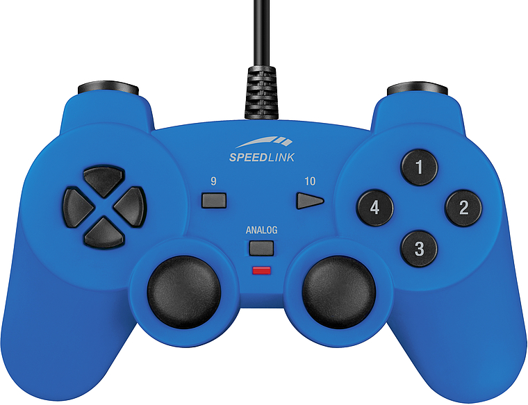 Blaues SPEEDLINK Gamepad mit USB-Anschluss, zwei Analogsticks und bedruckten Tasten, ideal für PC-Gaming