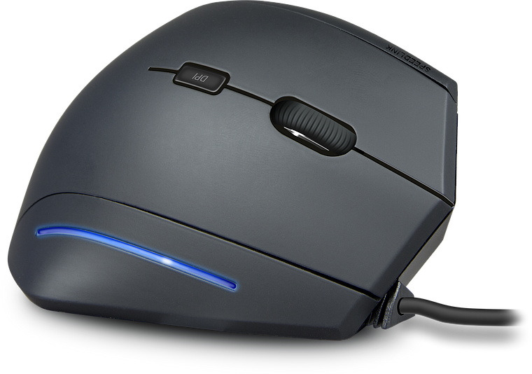 Seitliche Ansicht einer ergonomischen vertikalen Maus mit Kabel und blauer LED-Leuchte, geeignet für gesundes Arbeiten am Computer
