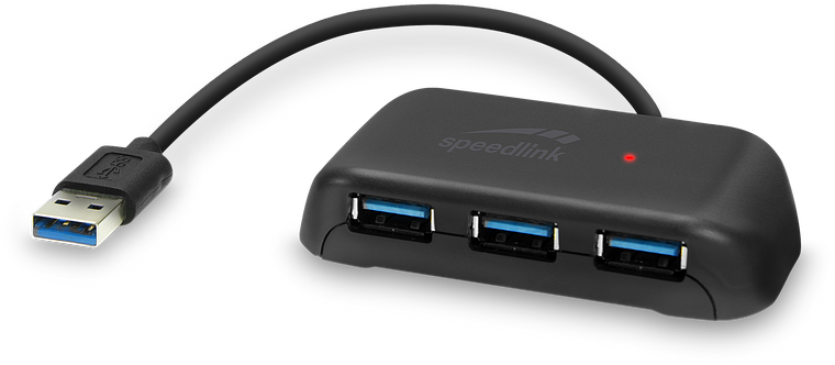 Abgebildet ist ein schwarzer Speedlink USB 3.0 Hub mit drei USB-Anschlüssen und USB-Stecker