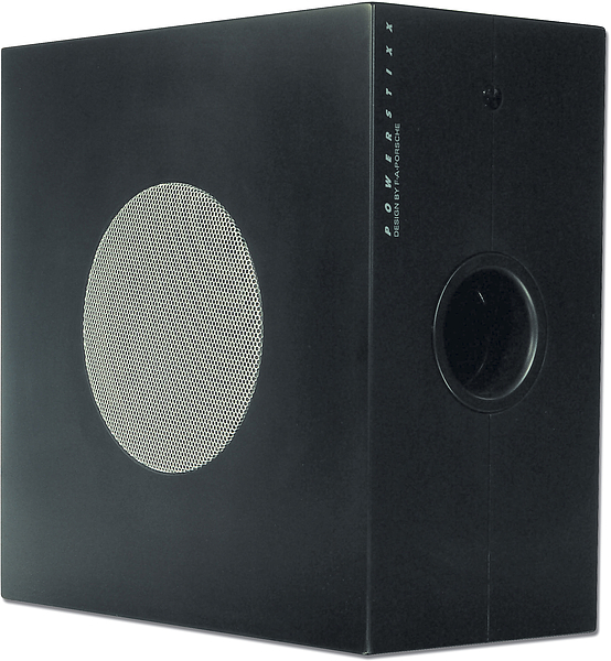 Schwarzer Subwoofer für kraftvolle Basswiedergabe, rechteckige Form mit rundem Metallgitter und Bassreflexöffnung