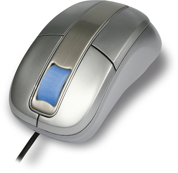 Silberne kabelgebundene Maus mit ergonomischem Design und blauem Scrollrad auf weißem Hintergrund