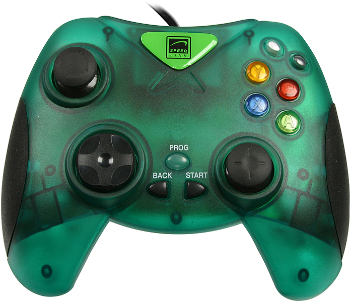 Grünes Speedlink Gamepad mit USB-Anschluss und farbigen Tasten für PC oder Konsole