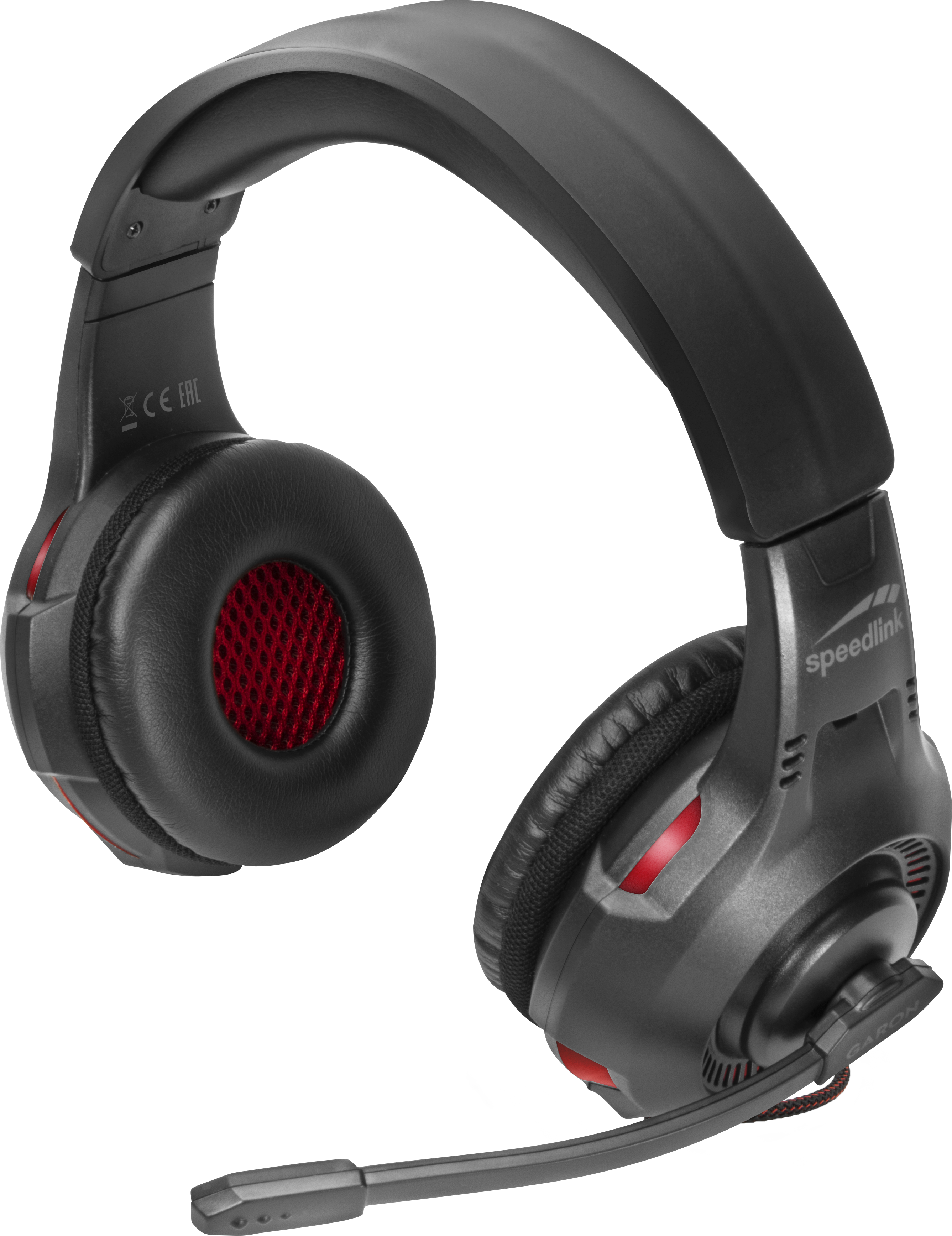 Abgebildet ist ein Speedlink Over-Ear-Gaming-Headset in Schwarz mit roten Akzenten und Mikrofon