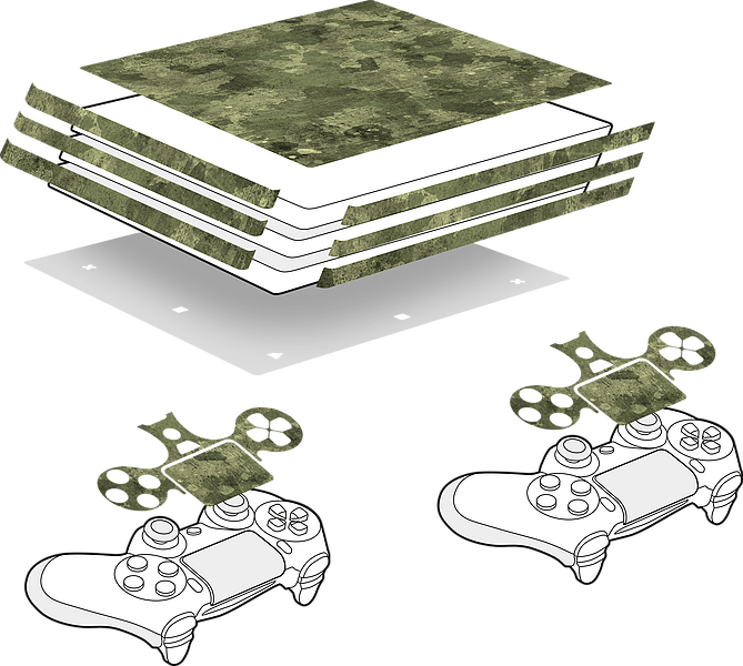 Abbildung eines Camouflage-Folien Sets zur Beklebung einer Spielkonsole und zweier Controller