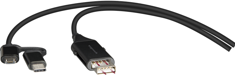 Schwarzes USB-Adapterkabel mit zwei USB-C-Anschlüssen und einem USB-A-Anschluss