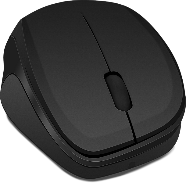 Abbildung einer schwarzen, kabellosen Computermaus mit zwei Tasten und einem Scrollrad