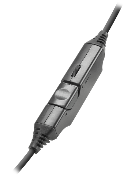 Nahaufnahme eines schwarzen Kabelschalters mit Lautstärkeregler und Multifunktionstaste