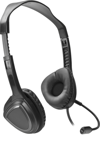 Schwarzes On-Ear-Headset mit gepolsterten Ohrmuscheln und flexiblem Mikrofonbügel für PC oder Laptop