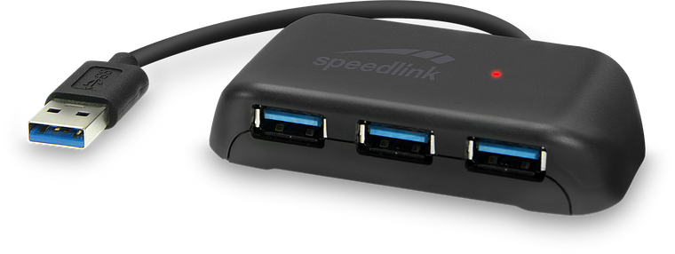 Schwarzer SPEEDLINK USB 3.0 Hub mit 4 Anschlüssen und integriertem Kabel, geeignet für die Verbindung mehrerer Geräte am Computer