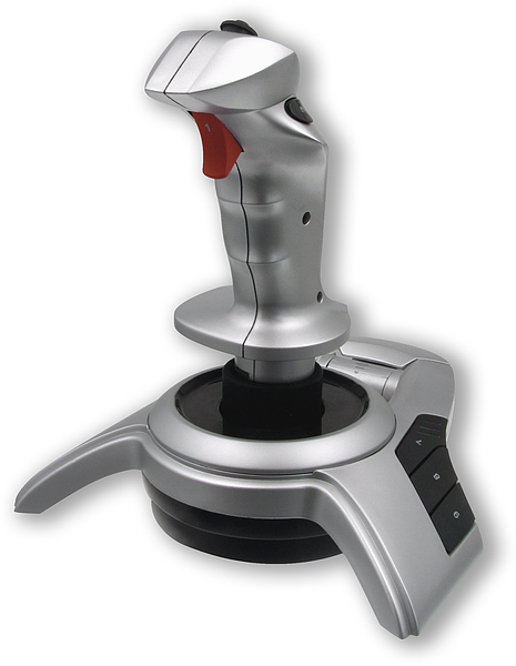 Silberner Joystick mit rotem Trigger und mehreren Tasten, geeignet für Computerspiele und Flugsimulationen