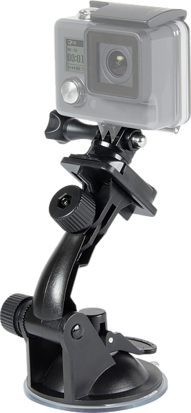 Schwarze Saugnapfhalterung mit montierter Actionkamera, ideal zur sicheren Befestigung auf glatten Oberflächen