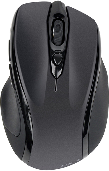 Schwarze, ergonomische Funkmaus mit Scrollrad und Seitentasten, Ansicht von oben