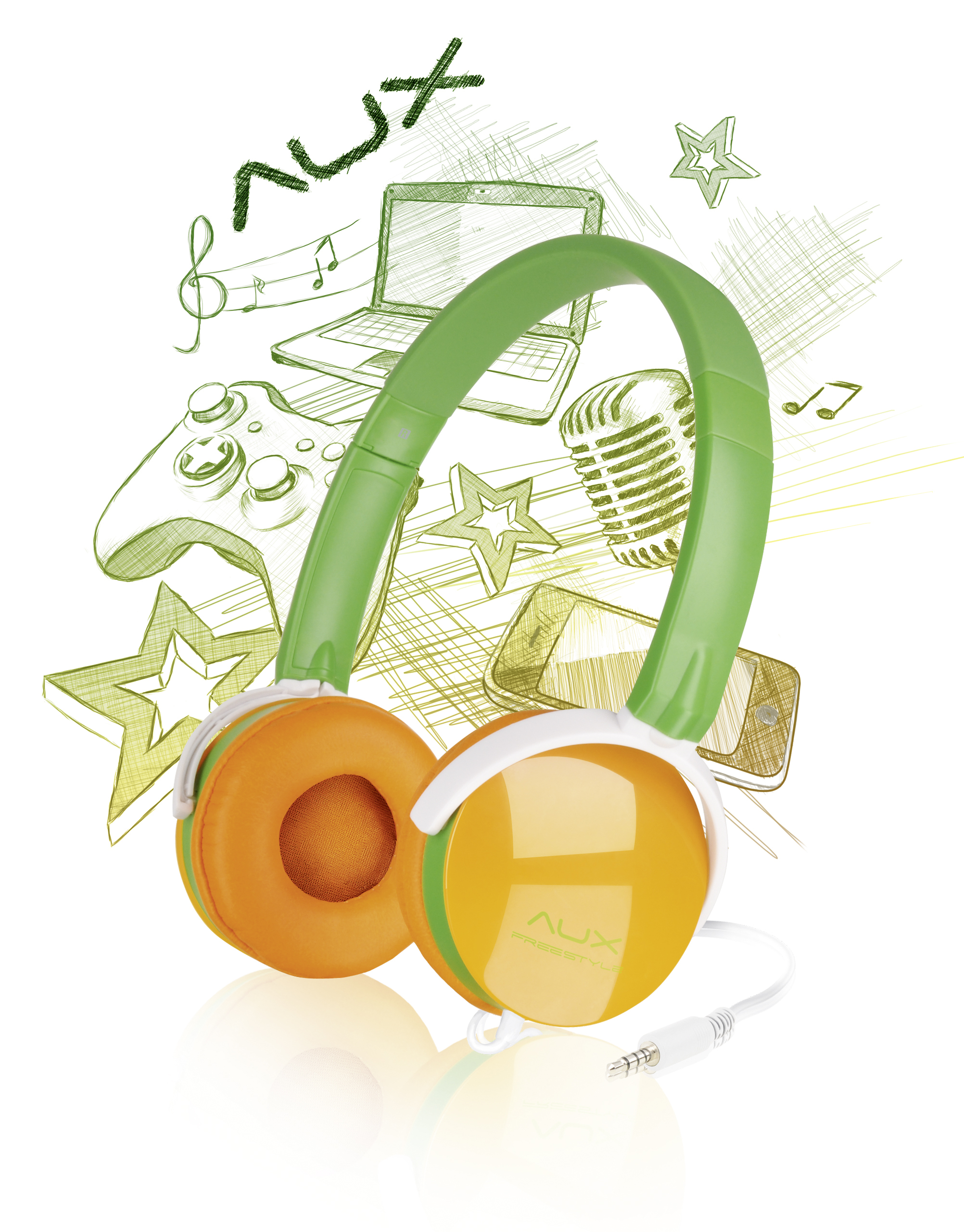 Bunte AUX Freestyle Over-Ear-Kopfhörer in Grün und Orange mit Kabel vor gezeichneten Symbolen für Musik, Laptop, Mikrofon und Spielkonsole