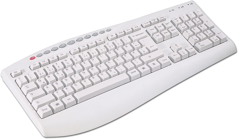 Weiße PC-Tastatur mit klassischen Tasten und zusätzlichen Funktionstasten, ergonomisch geformt