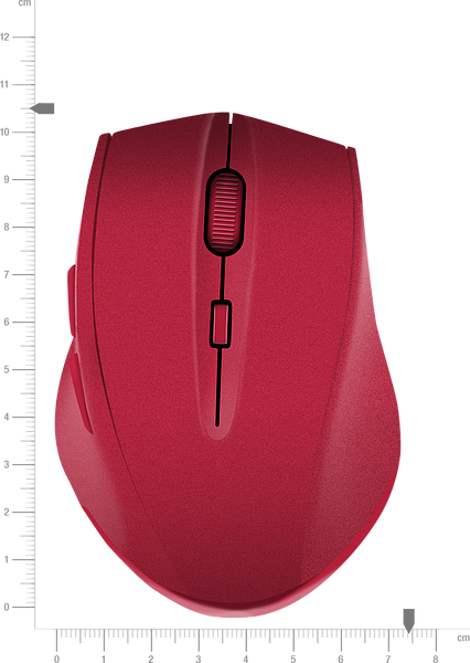 Ergonomische rote Funkmaus mit Scrollrad, von oben fotografiert, neben Messskala
