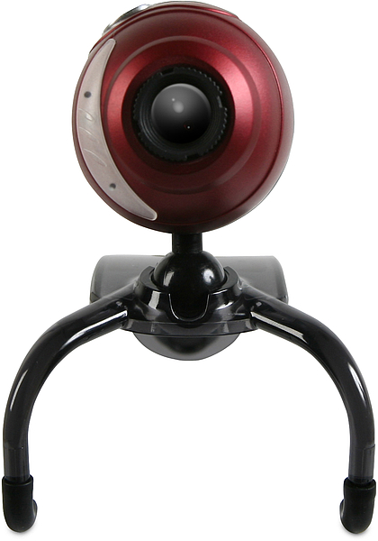 Rote Webcam auf schwarzem Stativ, ideal für Videoanrufe und Online-Meetings