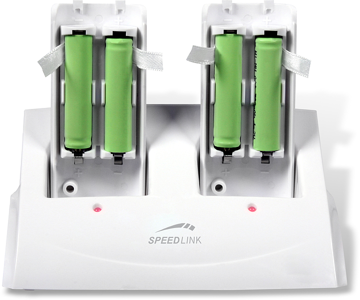 Weiße SPEEDLINK Ladestation mit vier grünen, wiederaufladbaren Akkus, zwei Ladeplätzen und LED-Anzeigen