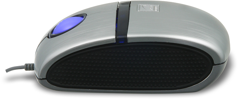 Seitliche Ansicht einer silbernen kabelgebundenen Computermaus mit blauem Scrollrad und schwarzer Gummierung