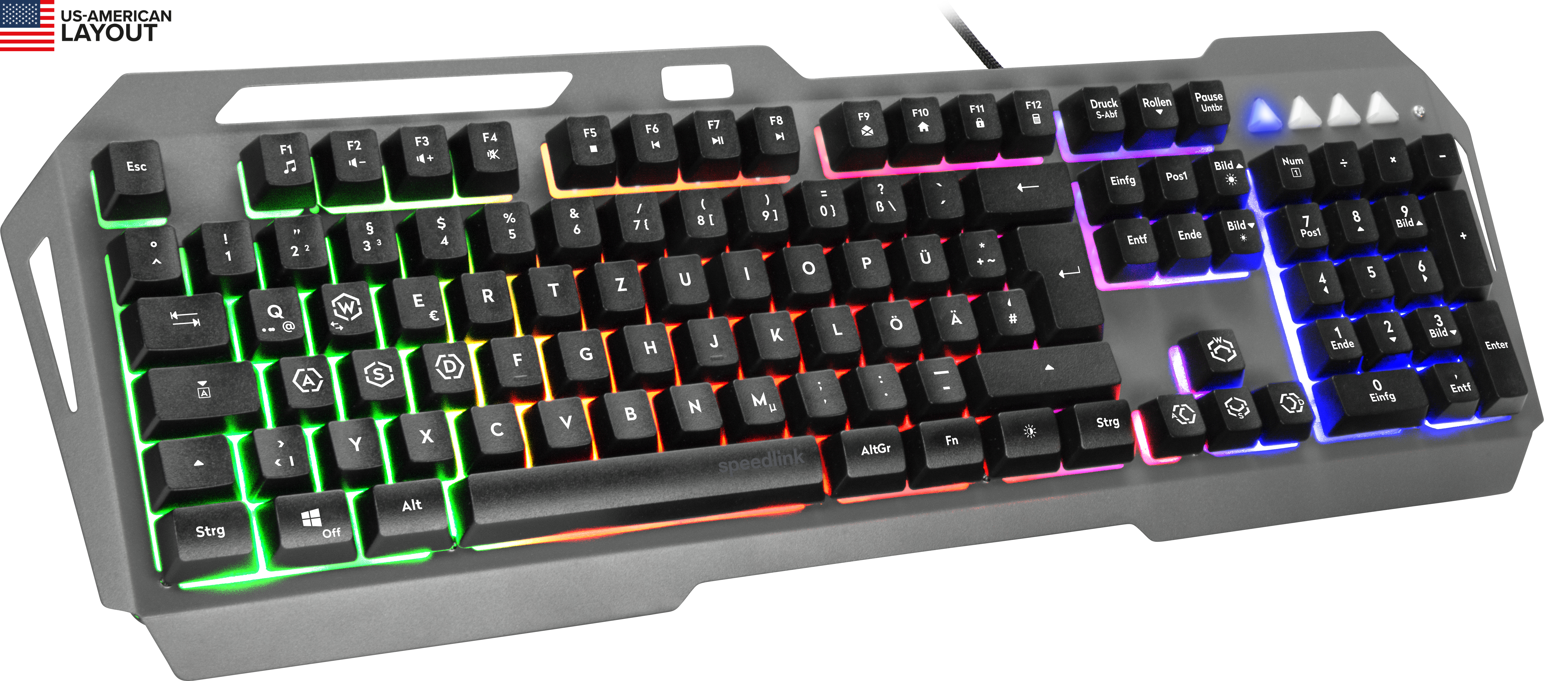 Abgebildet ist eine mechanische Tastatur mit bunter RGB-Hintergrundbeleuchtung im US-amerikanischen Layout, ideal für Gaming.
