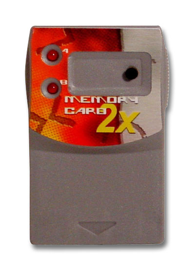 Graue Memory Card 2X für PlayStation 2 mit rotem und gelbem Label, zwei Anzeigeleuchten und Steckplatz