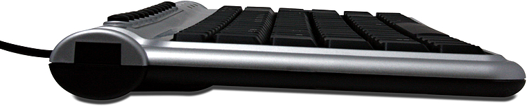 Seitliche Perspektive einer Computer-Tastatur mit silbernem Rahmen und schwarzen Tasten, ergonomisch geformt