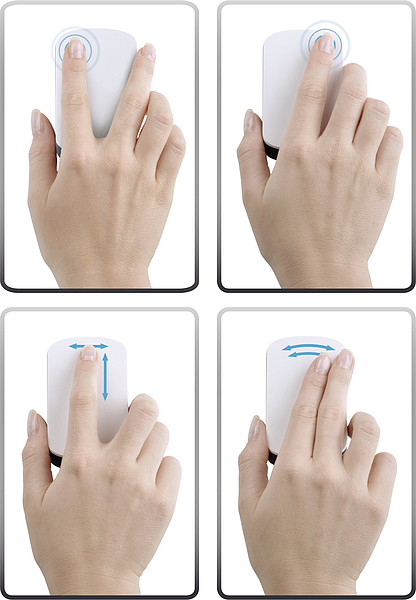 Hand demonstriert verschiedene Gesten auf einer weißen Multitouch-Maus: Klicken, Wischen und Streichen in verschiedene Richtungen