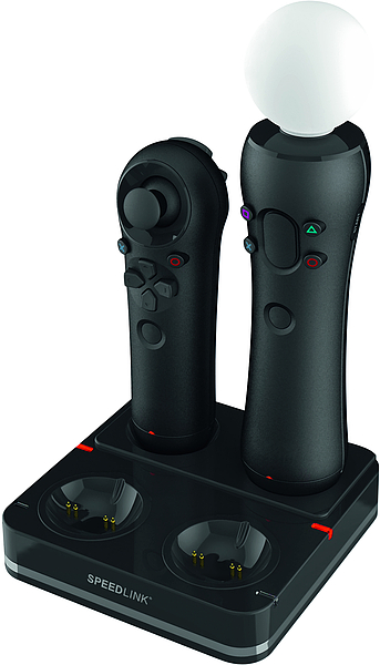 Zwei PlayStation Move Controller auf einer SPEEDLINK Ladestation für gleichzeitiges Aufladen von Motion- und Navigation-Controllern
