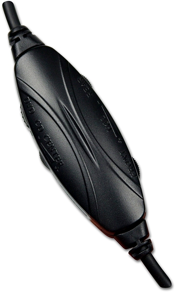 Nahaufnahme eines schwarzen In-Line-Lautstärkereglers mit Kabel, geeignet für Kopfhörer oder Headsets