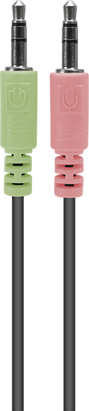 Zwei 3,5mm Klinkenstecker, grün für Kopfhörer und rosa für Mikrofon, an einem schwarzen Audiokabel