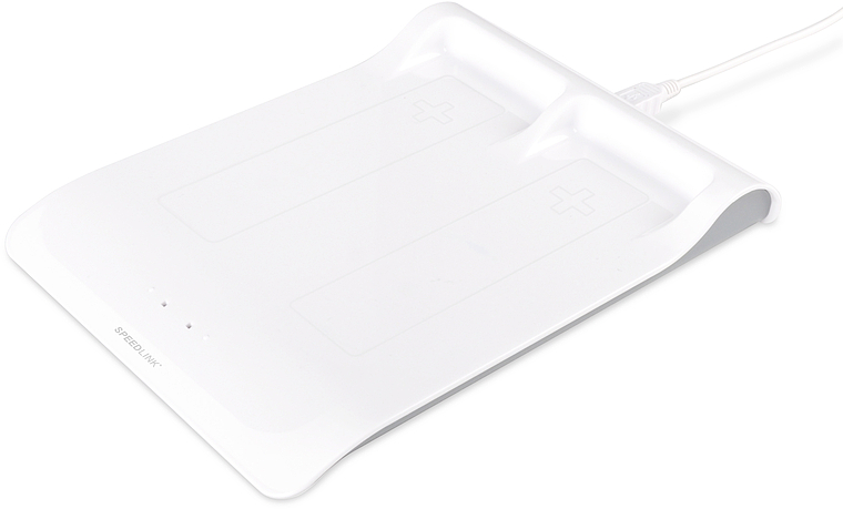Weiße SPEEDLINK Ladestation zur gleichzeitigen Aufladung von zwei Wii-Fernbedienungen mit angeschlossenem USB-Kabel