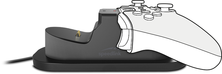 Seitliche Ansicht einer Speedlink Ladestation mit eingezeichnetem Controller für einfaches Aufladen von Gaming-Controllern