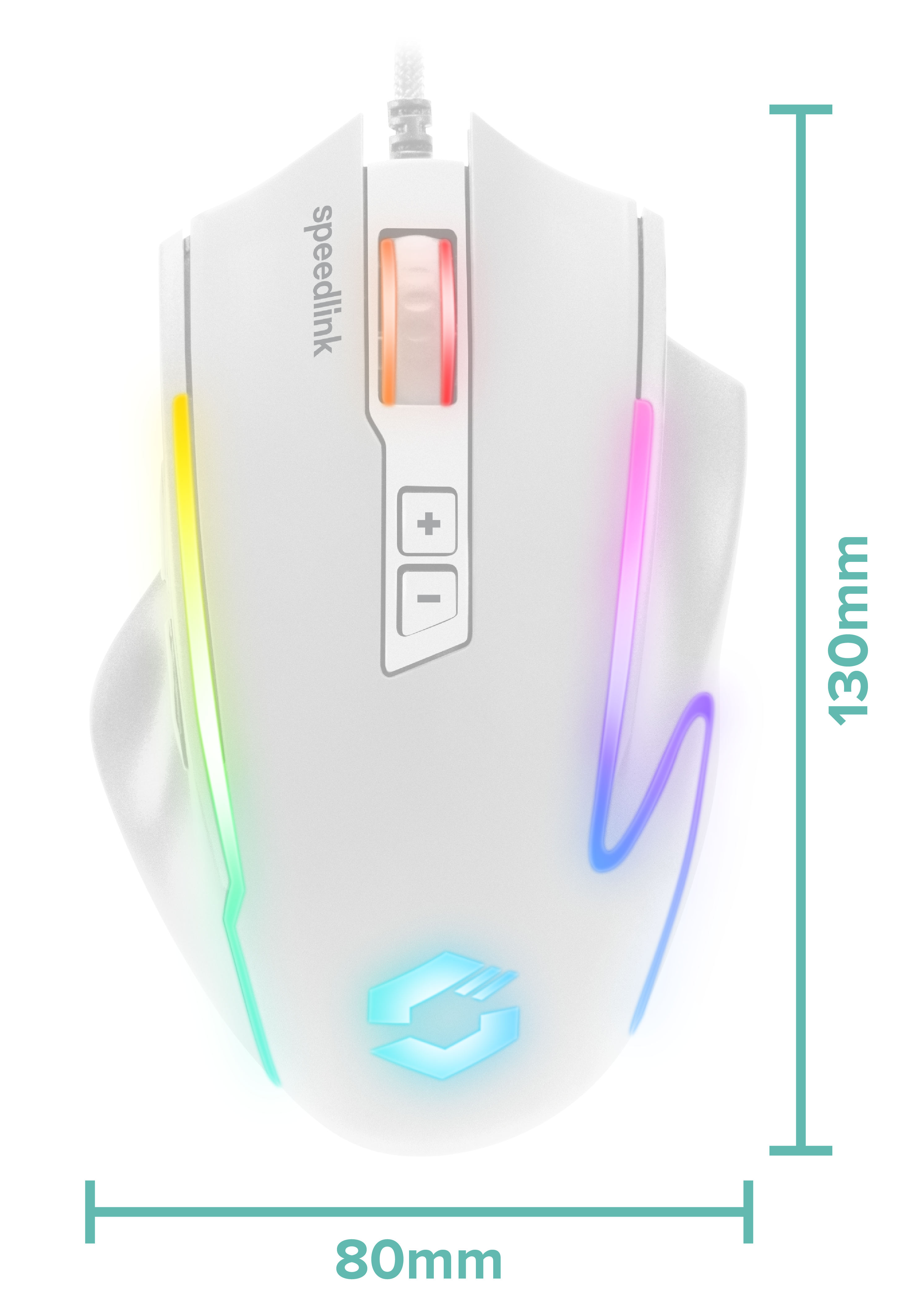 Obere Ansicht einer weißen Speedlink Gaming-Maus mit RGB-Beleuchtung, zwei Zusatztasten und Größenangabe 130 x 80 mm