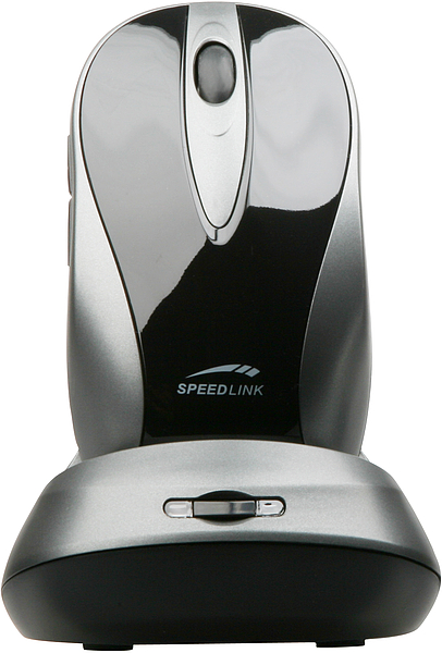 Vorderansicht einer silber-schwarzen SPEEDLINK Funkmaus auf ihrer Ladestation