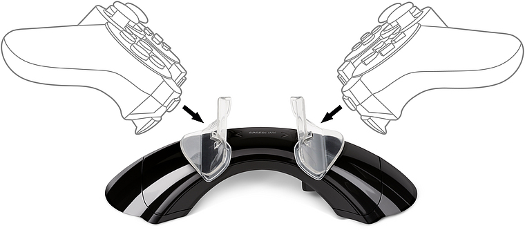 Abgebildet ist eine schwarze Ladestation für zwei PlayStation-Controller mit Illustrationen, die das Einsetzen der Controller zeigen