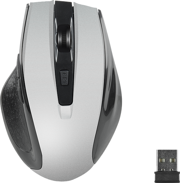 Obenansicht einer silbernen kabellosen Computermaus mit schwarzem Scrollrad und CPI-Taste, daneben ein USB-Empfänger