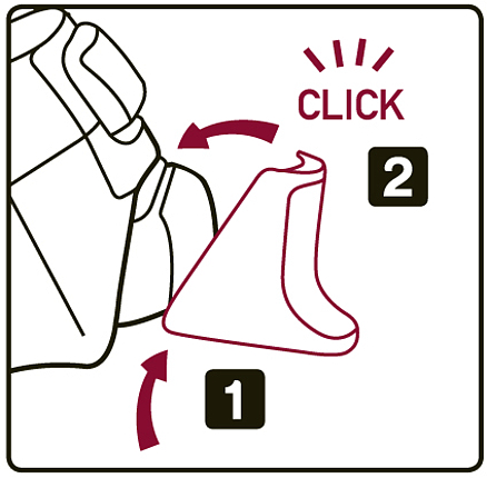 Grafische Anleitung zum Einsetzen eines Zubehörteils durch Hochklappen und Einrasten mit Klick-Geräusch