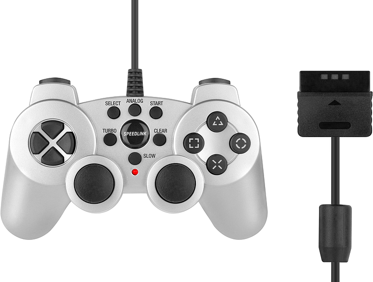 Silberner kabelgebundener Game-Controller mit Tasten und Steuerkreuz, abgebildet von oben mit Anschlusskabel