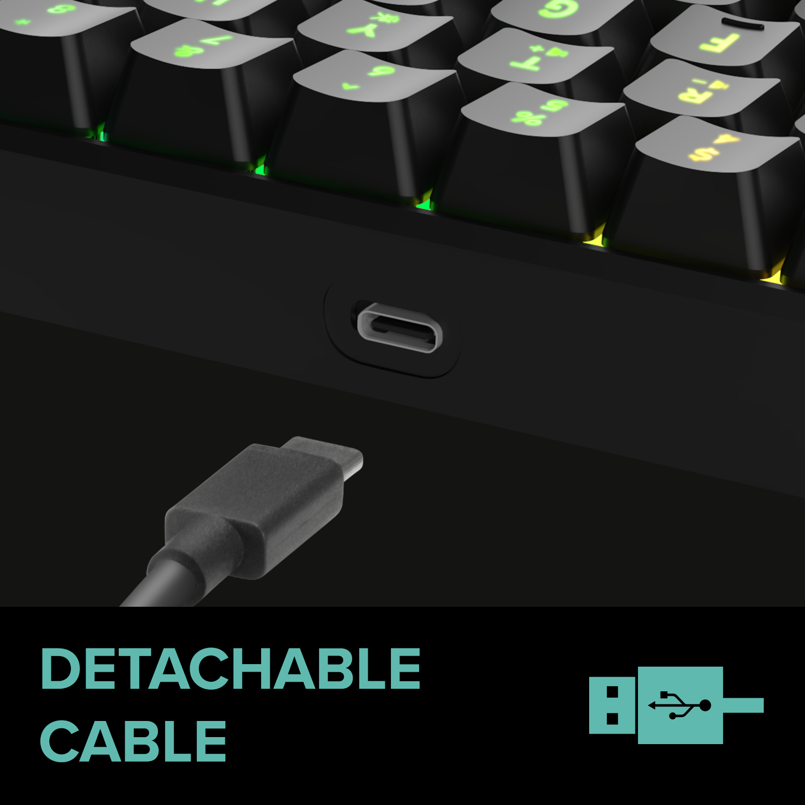 Nahaufnahme einer mechanischen Tastatur mit USB-C Anschluss und abnehmbarem Kabel, beleuchtete Tasten