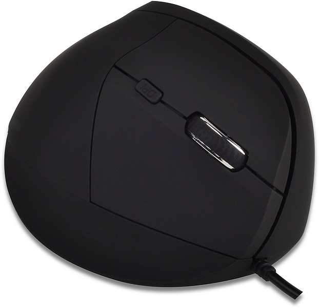Schwarze ergonomische vertikale Computermaus mit Kabel, optimiert für komfortables und gesundes Arbeiten am Schreibtisch