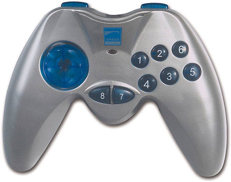 Silberner Gamecontroller mit acht nummerierten blauen Tasten und Steuerkreuz, geeignet für PC oder Konsole