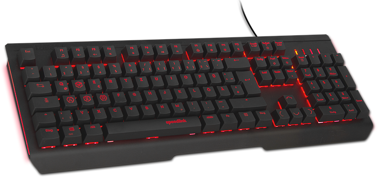 Schwarze Gaming-Tastatur mit roter Beleuchtung, QWERTZ-Layout und modernen Funktionstasten