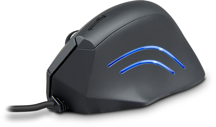Schwarze Speedlink vertikale Maus mit blauer LED-Beleuchtung für ergonomisches Arbeiten