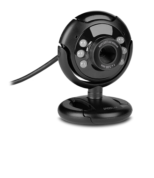 Schwarze USB-Webcam mit integriertem Mikrofon und LED-Leuchten, geeignet für Videokonferenzen am Computer