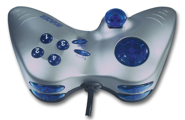 Silber-blaues INWOR Gamepad mit kabelgebundener Verbindung, vier nummerierten Tasten, Steuerkreuz und Turbo-Funktion