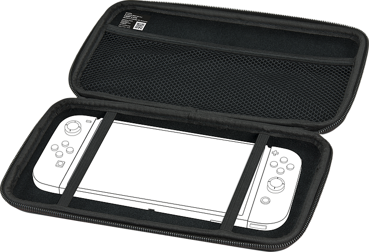 Schwarze Tragetasche für Nintendo Switch Konsole mit gepolstertem Innenfach, Netzfach und Gummibändern zur sicheren Aufbewahrung