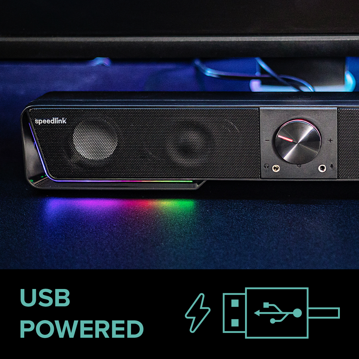 Soundbar von Speedlink mit farbiger LED-Beleuchtung, Lautstärkeregler und USB-Anschluss, geeignet für Computer oder Laptop