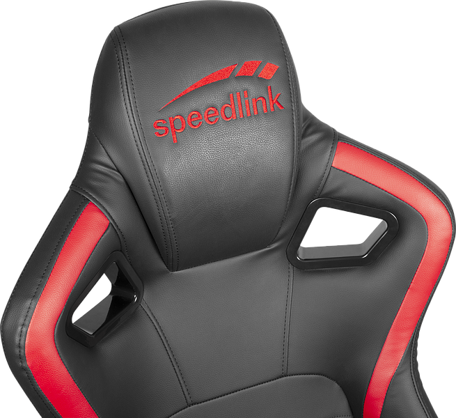 Rückenlehne eines schwarzen Speedlink Gaming-Stuhls mit roten Akzenten und gesticktem Logo