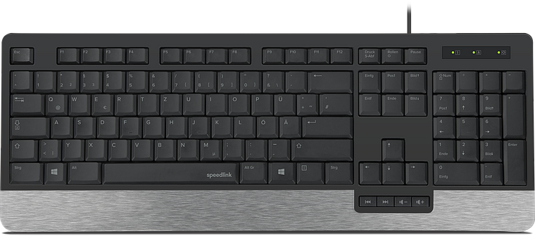 Deutsche QWERTZ-Tastatur von Speedlink mit Ziffernblock und silberner Handballenauflage